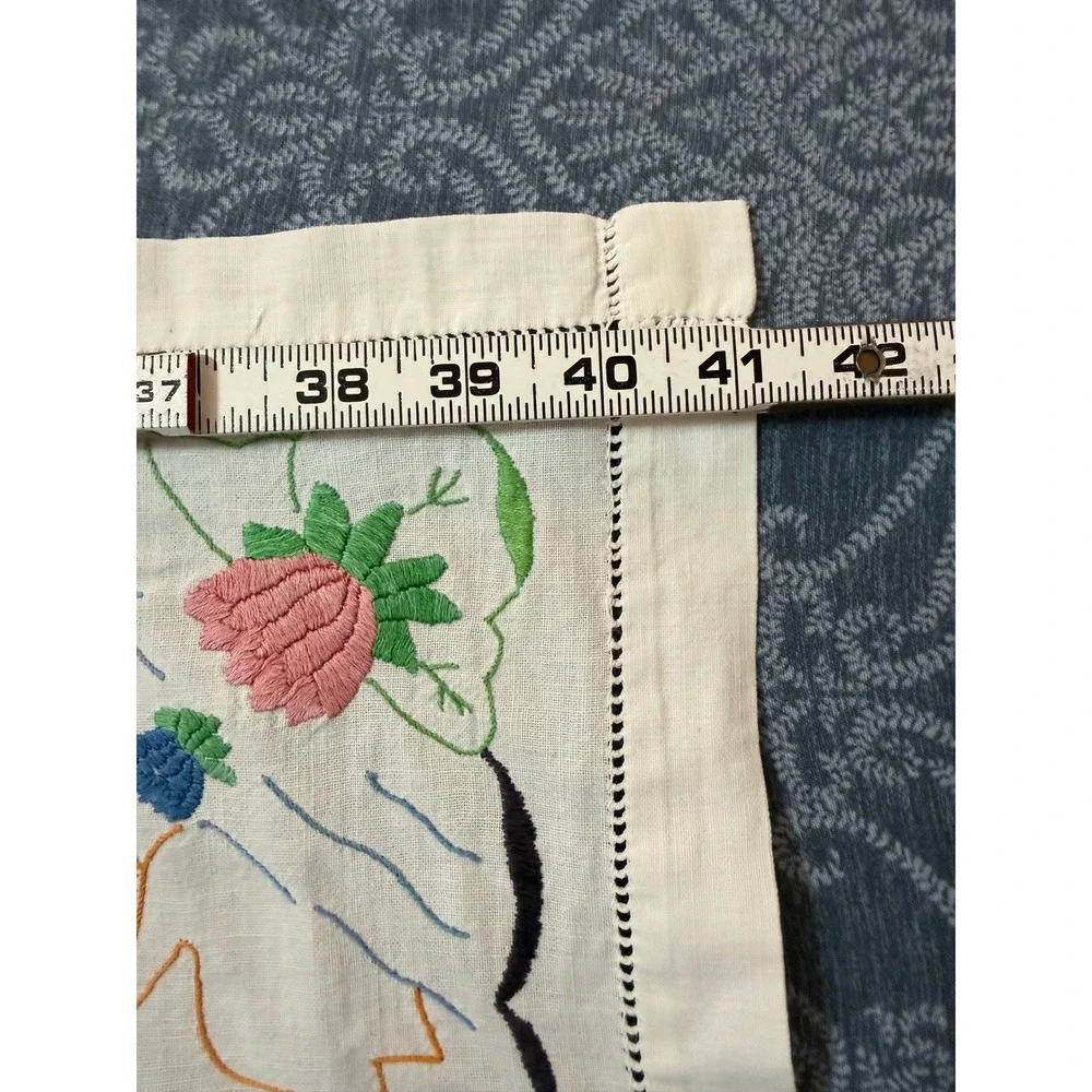 Vintage Hand Embroidered Swan Linen Tablecloth Topper 41x38.5 Cottagecore